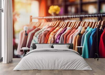 Assorted colorful clothing on hangers at a modern boutique with a cozy, sunlit ambiance and blurred background Wall mural