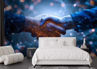 Business Network Concept with Customer Support and Handshake, Digital Technology Connecting People, Evening Mood, Partnership and Collaboration Theme Wall mural