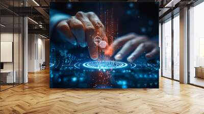 Businessman Using Mobile Digital Banking Fingerprint Authentication | Cyber Security Data Protection Network Technology Concepts Wall mural