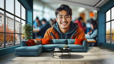 Cheerful young Asian male student smiling at the camera with a classroom full of fellow students studying in the background, embodying academic success and happiness Wall mural