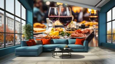 Close-up of a glass of red wine on a bar table with blurred people and charcuterie board in the background at a cozy wine tasting event Wall mural