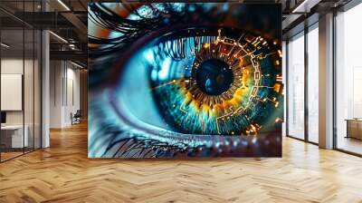 Close-up of a human eye with advanced cybernetic enhancements, symbolizing futuristic vision technology Wall mural