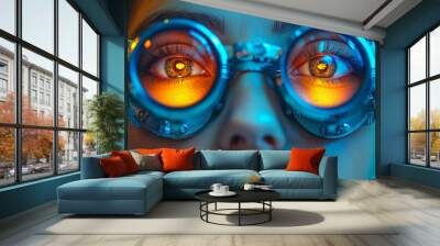 Close-up of eyes wearing ophthalmic testing goggles during sight examination with vibrant lighting - optometry, vision care, eye health, professional eye test, futuristic optometric equipment Wall mural