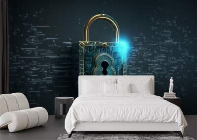 Concept of cybersecurity and data privacy protection, lock, and background of binary digits. Generative AI Wall mural