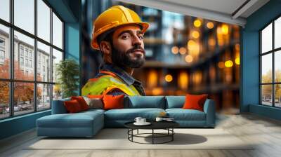 Confident Male Construction Worker in Yellow Hard Hat and Reflective Vest at a Busy Urban Construction Site During Evening Wall mural