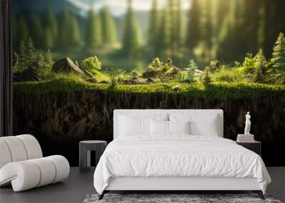 Cross-section of vibrant green grass growing on fertile soil, with a sunlit forest background, highlighting the layers of nature and ecosystems Wall mural