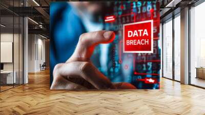 Cybersecurity breach warning. Businessman pointing at red data breach alert icon on digital interface, highlighting unauthorized access risks, need for robust data protection measures in organizations Wall mural