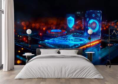 Cybersecurity Fingerprint Login, Secure Online Trading Connection Professional Electronic Banking Account Wide Futuristic Banner Wall mural