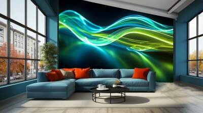 Dynamic neon light streams with a futuristic glow, intersecting in a display of vibrant blue and green energy lines against a dark background Wall mural