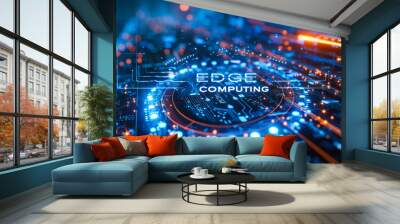 Edge Computing concept highlighted on a motherboard, illustrating advanced data processing technology at the networks periphery for speed Wall mural