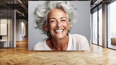 Elderly Elegance: Grey-Haired Senior Model Laughing with Clean Teeth Wall mural