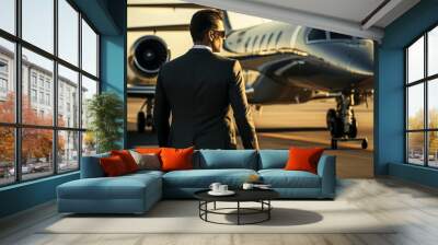 Elegant Arrival: Rich Businessperson on Airport Runway with Jet Wall mural