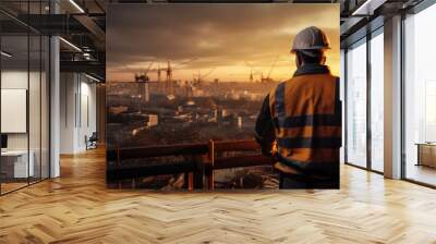 Engineer at Work on Construction Site: An engineer wearing a protective cask and yellow vest works on a construction site, the building cranes in the background a reminder of the scale of the project Wall mural