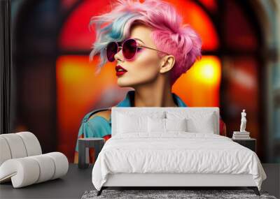 Fashionable Girl with Vivid Hair Color and Sunglasses in Urban Setting: A fashionable girl with vivid hair color and sunglasses poses in an urban setting. Wall mural