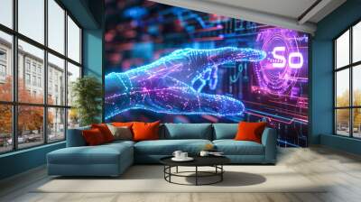 Futuristic digital representation of 'Sora,' a conceptual AI from OpenAI, displaying an intricate interface of neon circuitry and glowing text across a human-like visage Wall mural