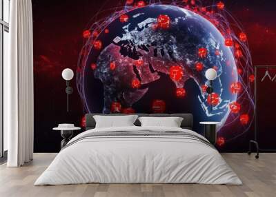 globe cyber attack with red icons showing internet network communication under cyberattack and Earth as seen from space, as well as the global spread of a virus online. - Generative AI Wall mural