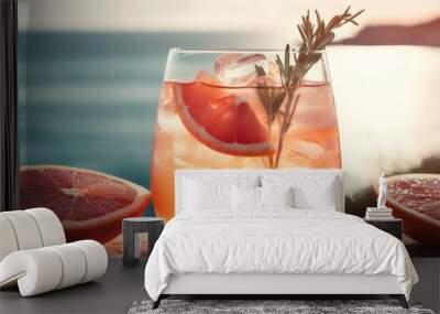 grapefruit summer cocktail on sea background, a perfect blend of sweetness and citrus, generative ai Wall mural