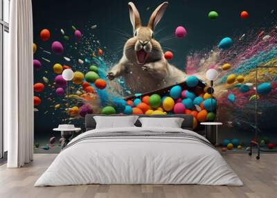 Happy cute, adorable cartoon Easter Bunny jumping out of many colorful easter eggs on plain background, soft light, vibrant colors. Generative AI Wall mural