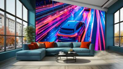 High-speed autonomous vehicle with dynamic light trails on a highway, representing the concept of futuristic transportation and electric vehicles Wall mural