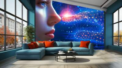 Human-AI Interaction: Woman Touching Virtual Hand in Futuristic Digital Environment at Night, Illustrating Connection and Technology Wall mural