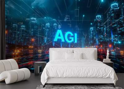 Illuminated AGI Concept in Neon Blue Over a Rain-Soaked Cityscape, Depicting Advanced Artificial General Intelligence Dominating the Urban Night Skyline Wall mural