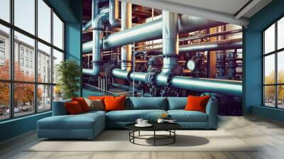 Industrial zone, Steel pipelines, valves and pumps. A large industrial pipe system in a factory. Generative AI Wall mural