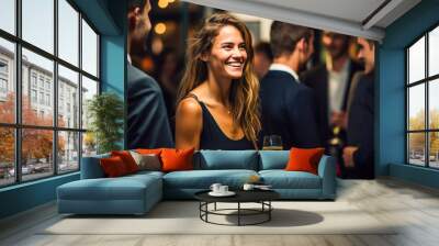 Joyful woman enjoying a lively conversation at a sophisticated evening networking event with professionals engaging in background discussions Wall mural