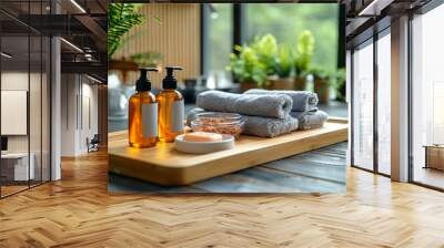 Luxury Spa Set with Amber Glass Bottles, Towels, and Soap on Wooden Tray Near Sunny Window With Green Plants for Relaxing Hygiene and Wellness Wall mural