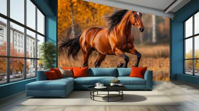 Majestic Brown Horse Galloping Through Autumn Field with Vibrant Foliage, Capturing the Spirit of Freedom and Nature's Beauty, Perfect for Nature, Equine, and Fall-Themed Photography Collections Wall mural