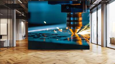 Metal being cut by a blue laser CNC with a light spark, current industrial technology - Generative AI Wall mural