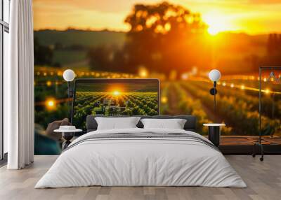 Modern agriculture technology with a person using a laptop to analyze data on sustainable farming practices at sunset in a vineyard Wall mural