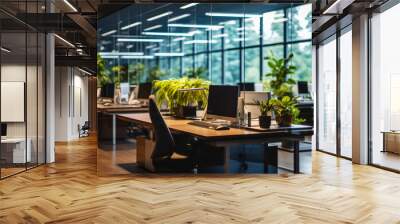 Modern Corporate Office Interior with Glass Partitions, Wooden Workstations, Plants, and Computers, Highlighting a Clean, Organized, and Professional Business Environment Wall mural