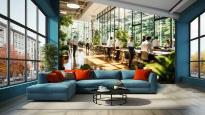 Modern eco-friendly office space with employees working and walking, surrounded by lush green plants and natural light, showcasing a dynamic and sustainable workplace environment Wall mural