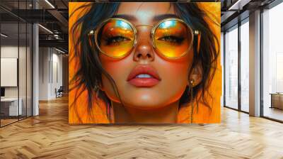 Modern Pop Art Portrait of Stylish Woman in Golden Sunglasses on Bright Orange Background with Retro Fashion Vibes Wall mural