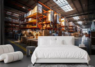 Modern Warehouse Interior with High Shelves, Forklifts, and Efficient Inventory Management System Wall mural