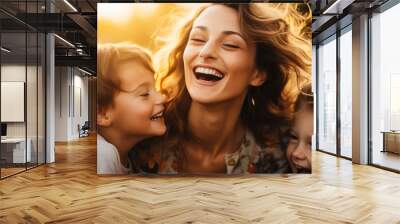 Mother and Kids Bonding, Sharing a Moment of Love and Happiness at Sunset Wall mural