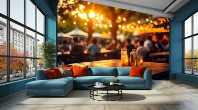 Nightlife Scene: Outdoor Beer Restaurant with Bokeh Background Wall mural