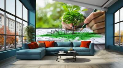 Person sketching a sustainable green city concept with eco friendly buildings and a tree on paper, representing urban planning and environmental conservation Wall mural