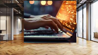 Programmer working on their professional development types on a laptop computer keyboard. Coding Language User Interface on Screens. Development of software and coding, ChatGPT AI and webdesign Wall mural