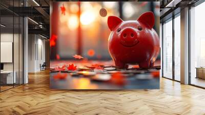 Red Piggy Bank with Coins and Autumn Leaves Falling Indoors at Sunset - Savings, Investment, Winning Lucky Pig Concept Wall mural