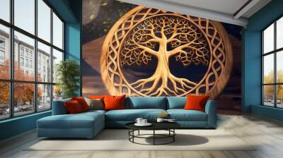 sacred tree of life emblem in the form of a wooden ornament - Generative AI Wall mural