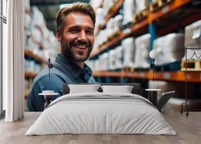 Smiling male warehouse manager using a digital tablet for inventory management in a modern storage facility, exemplifying efficient logistics and organization Wall mural