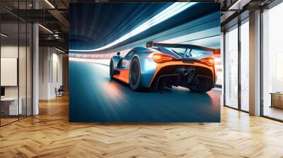 Speeding Through the Light: Futuristic Sport non-existent concept racing car at high speed riding in illuminated road tunnel. Generative AI Wall mural