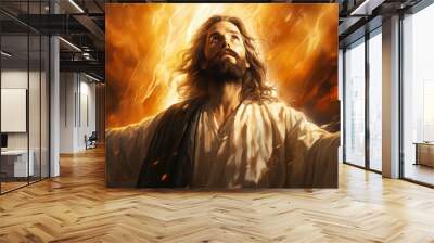 Spiritual portrayal of Jesus Christ in robes raising hands towards heavenly light in divine revelation and grace, with a dramatic, glowing background Wall mural