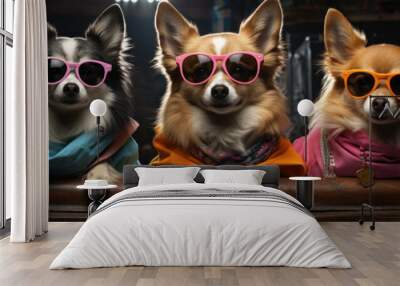 studio photo shot of four colorful chihuahua dogs in sunglasses Wall mural