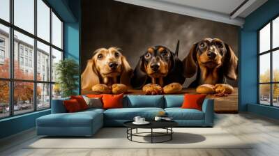 studio shot of 3 cute Dachshund dogs catching treats on an isolated background. Generative AI Wall mural