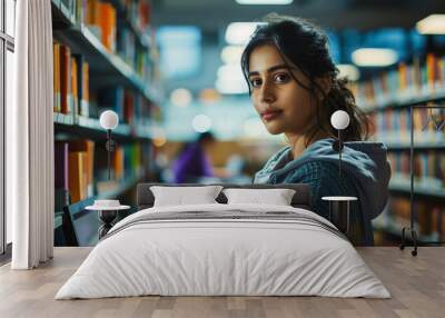 Studious Indian Woman Pursuing Knowledge Amidst Library's Scholarly Ambiance Wall mural