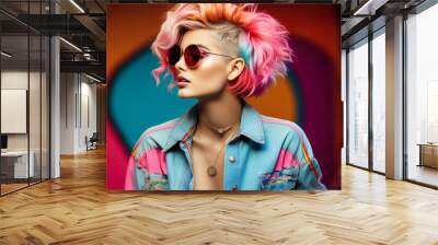 Stylish Hipster Look: Young Girl with Vivid Hair and Sunglasses Wall mural