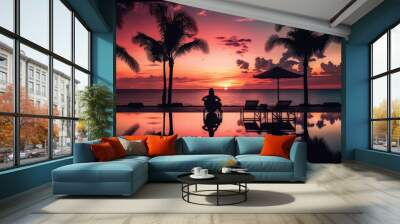 Taking a leisurely dip in the pool at dusk at a luxury beach resort hotel, a summer vacation location with palm trees, is tourism. - Generative AI Wall mural