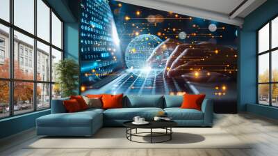 Tech Programmer Coding Laptop Software Data Network Cloud Computing Cybersecurity Global Internet Connectivity Wall mural